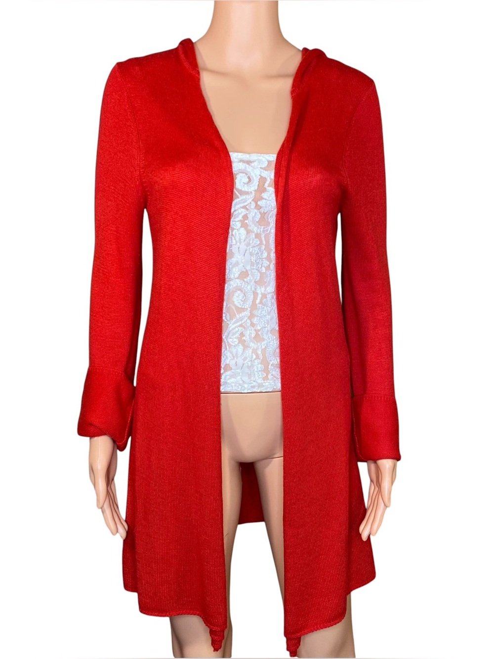 LOFT Red Open Front Cardigan Sweater Longer Length Hooded Relaxed Silhouette Med